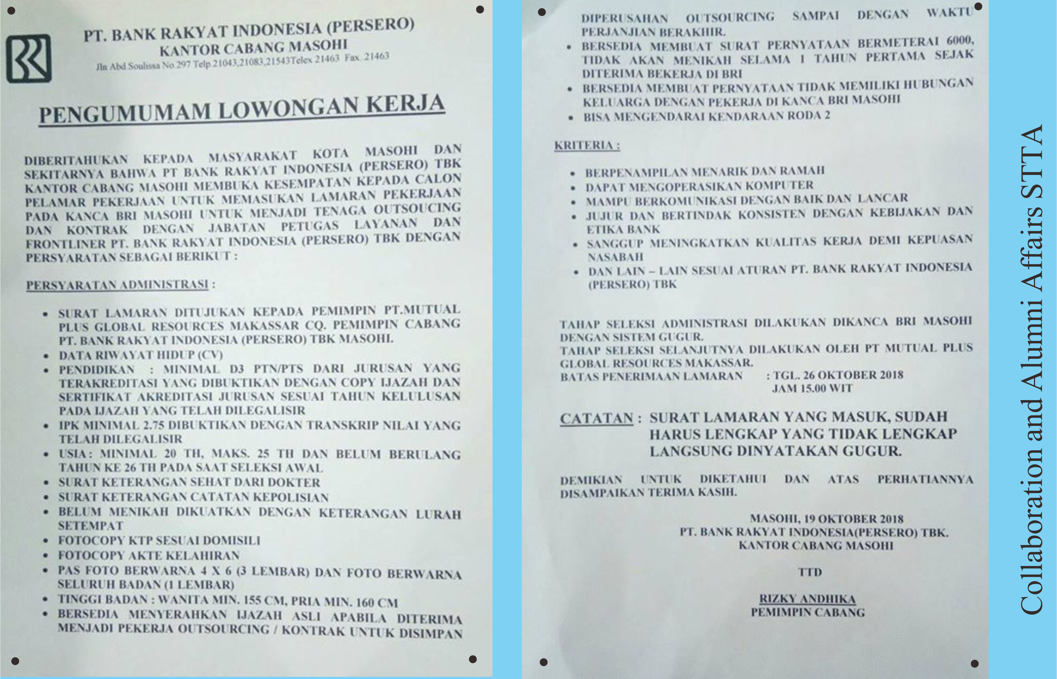 LOWONGAN KERJA PT. BANK RAKYAT INDONESIA (PERSERO) KANTOR CABANG MASOHI